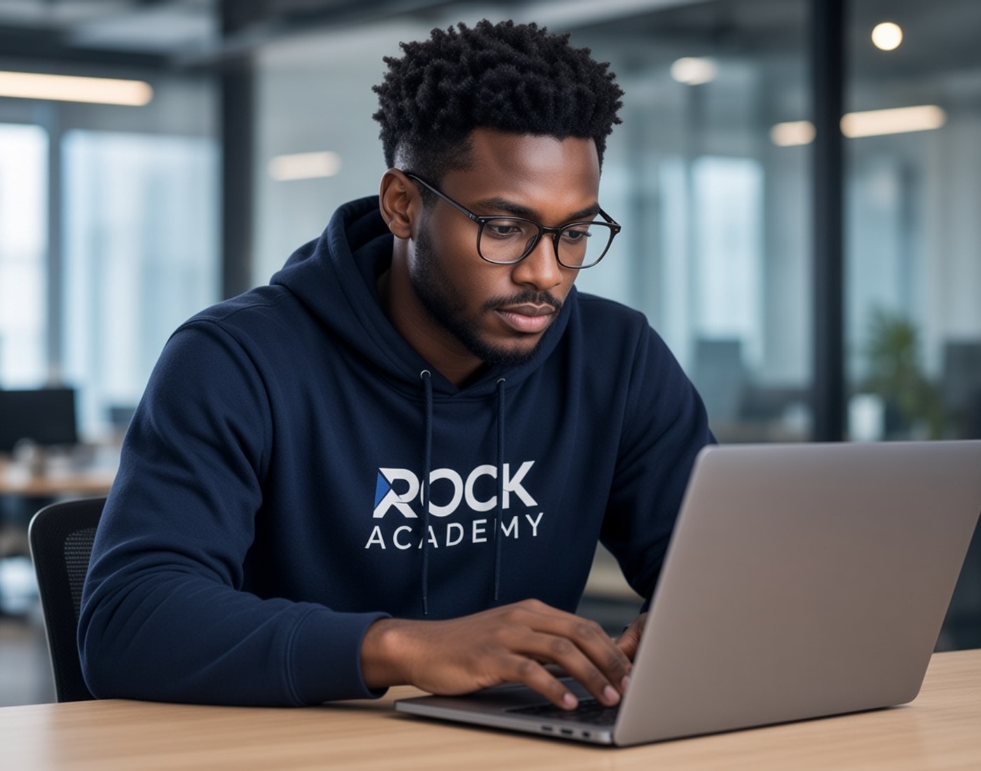 Étudiant Rock Academy concentré sur son ordinateur portable